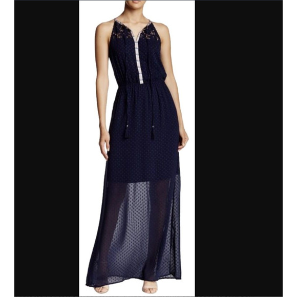 Daniel Rainn Swiss Dot Lace Embroidered Halter Maxi Dress Blue Womens Small - Picture 8 of 8